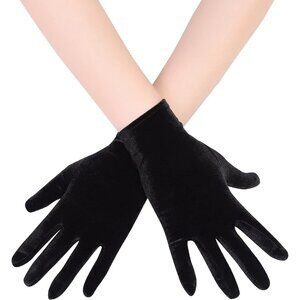 Women's Deep Black Velvet Short Satin Gloves Style Wrist Flapper Banquet
